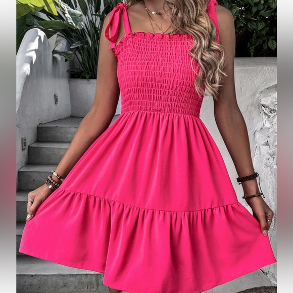 Elegant Smocked Waist Tie Shoulder Ruffle Cami Dress - Picture 5 of 6